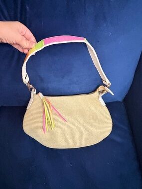 Straw Hobo Shoulder Bag with Neon Tassel Accent